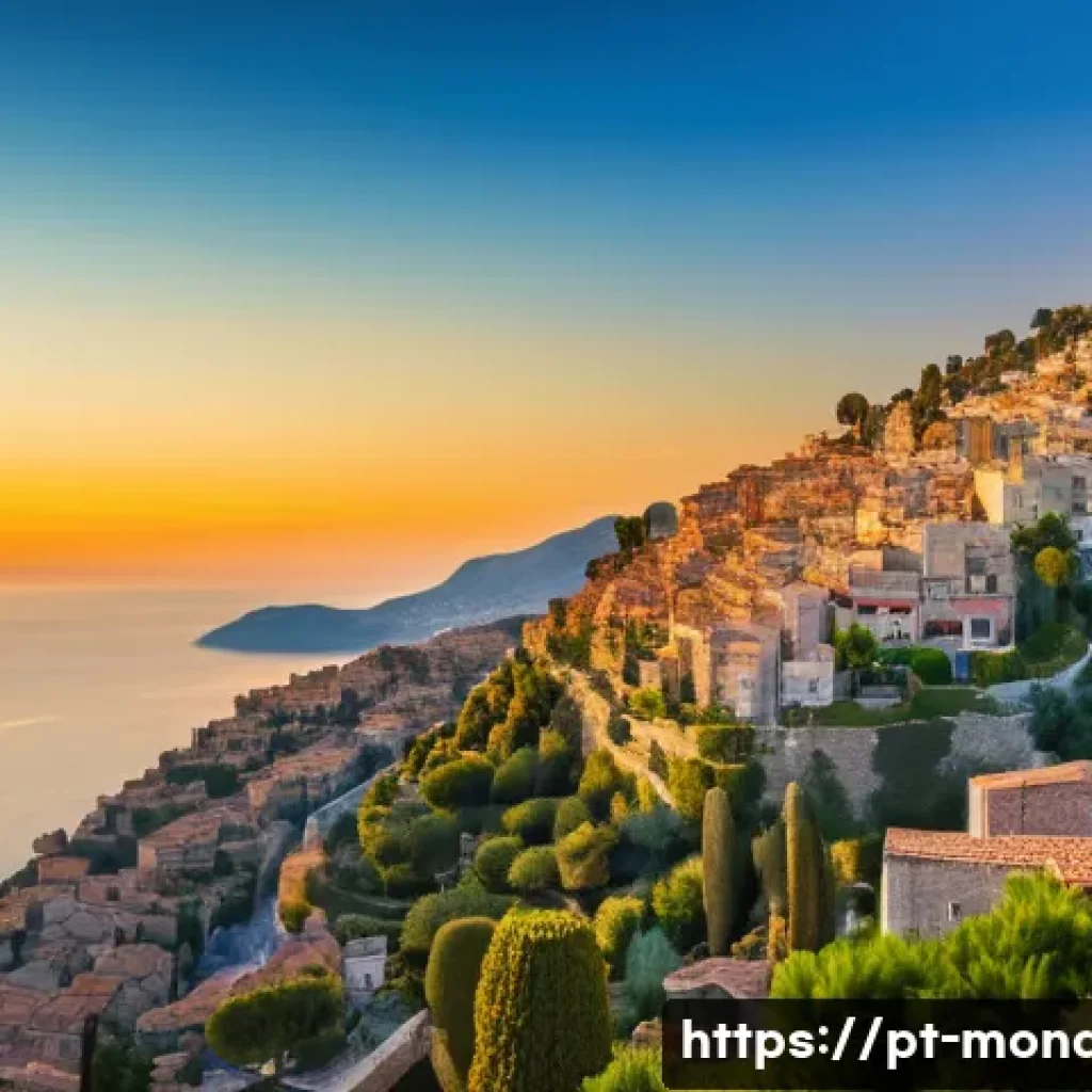 모나코 근교 여행지 추천 - **"A breathtaking panoramic view of Eze Village at sunset. The ancient, medieval village is perched ...