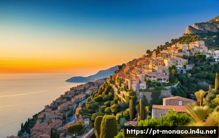 모나코 근교 여행지 추천 - **"A breathtaking panoramic view of Eze Village at sunset. The ancient, medieval village is perched ...