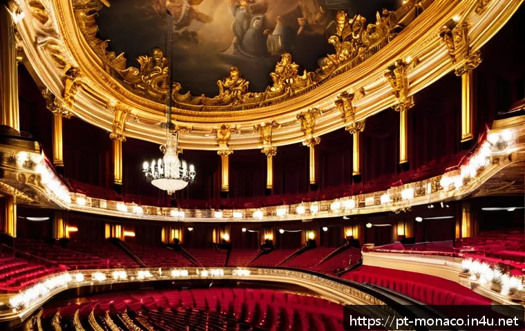 모나코에서 즐길 수 있는 최고의 오페라 및 공연 - A luxurious interior view of the Salle Garnier opera house in Monaco, showcasing its opulent 19th-ce...