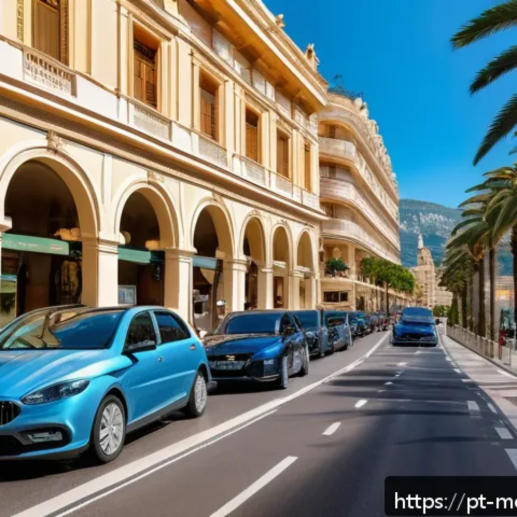 모나코 내 자동차 등록 및 운전 규칙 - A detailed urban street scene in Monaco featuring narrow, winding roads bustling with traffic, luxur...