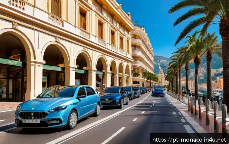 모나코 내 자동차 등록 및 운전 규칙 - A detailed urban street scene in Monaco featuring narrow, winding roads bustling with traffic, luxur...