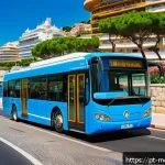 모나코 대중교통 및 이동 방법 - A vibrant street scene in Monaco featuring a well-maintained public bus number 1 traveling along the...