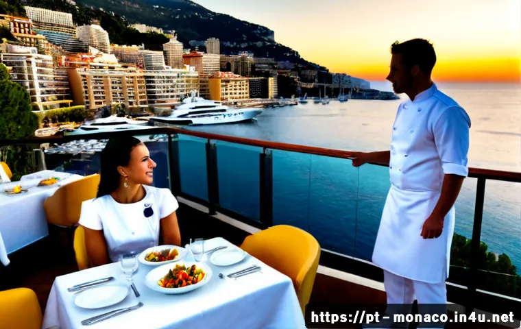 Home 17 모나코에서 만나볼 수 있는 유명 셰프 및 레스토랑 - Photorealistic fine-dining restaurant terrace in Monaco at sunset, an acclaimed chef in crisp white ...